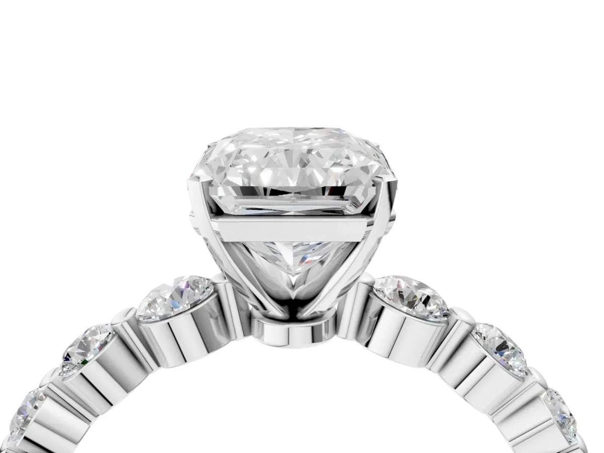 Radiant Cut Solitaire Diamond Ring with Pave Band and Four-Prong Setting Platinum