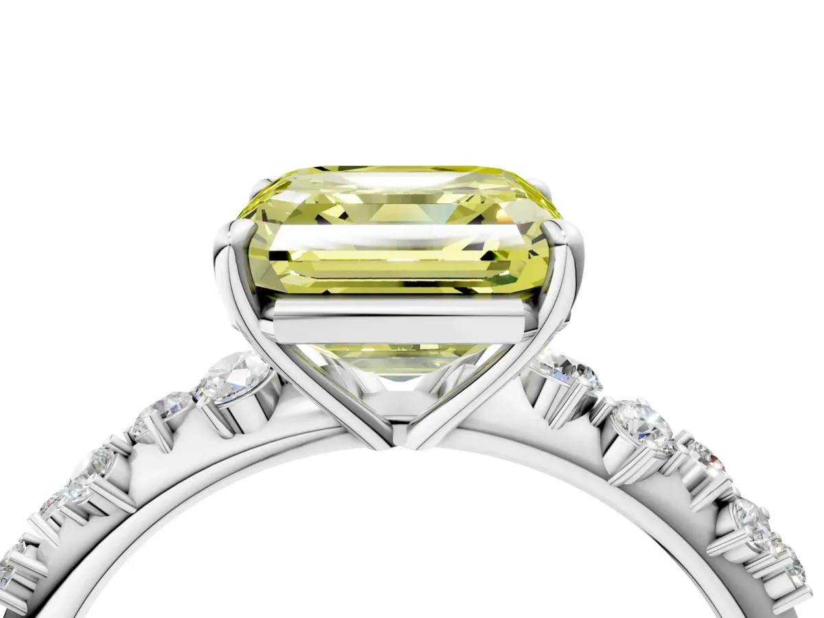 Fancy Yellow Asscher Cut Diamond Cluster Side Stone Solitaire Ring with Prong Setting Platinum