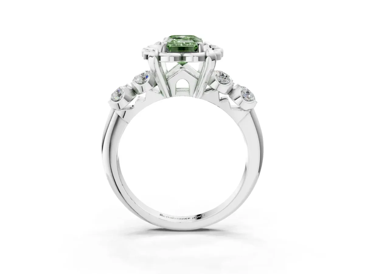 Fancy Green Emerald Cut Cut Diamond Floral Halo Engagement Ring with Shared Prong Setting Silver