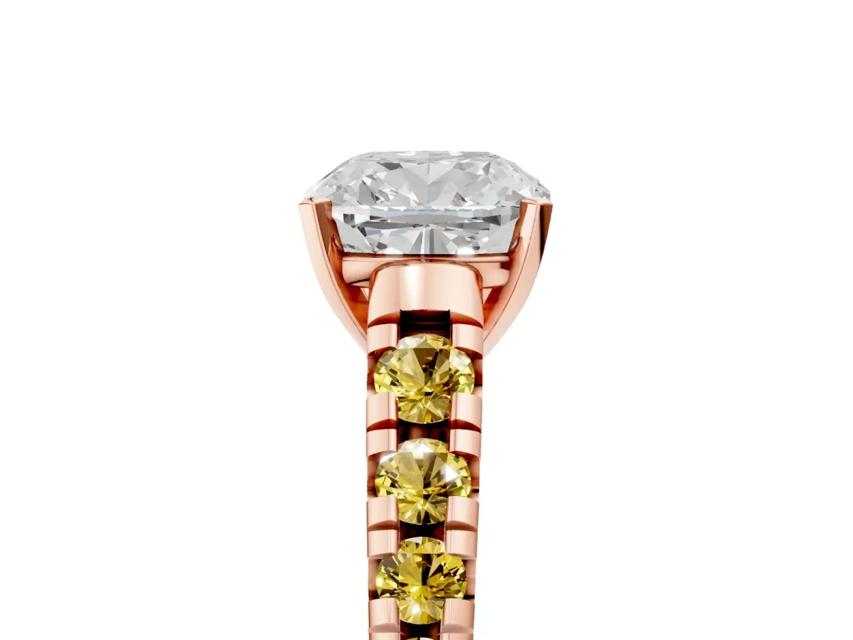 Cushion Cut Diamond Cathedral Solitaire Ring with Round Yellow Sapphire Pavé Band Rose gold