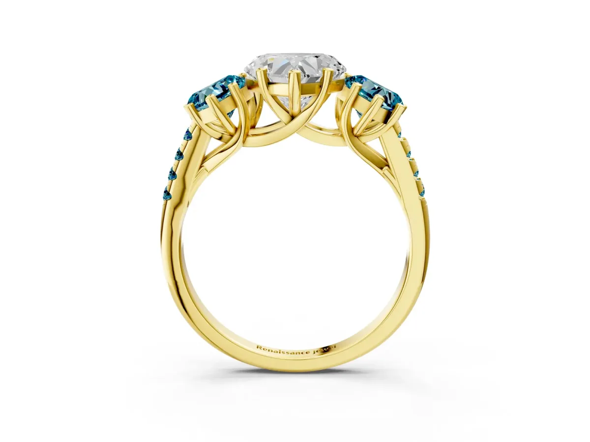 Three-Stone Heart Cut Diamond Ring with Round Blue Topaz Pavé Band and Prong Setting Yellow gold