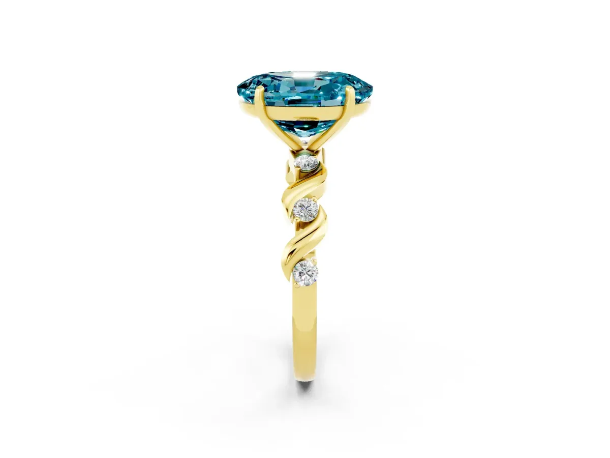 Oval Cut Blue Topaz Solitaire Twisted Band with Round Accents and Prong Setting Yellow gold
