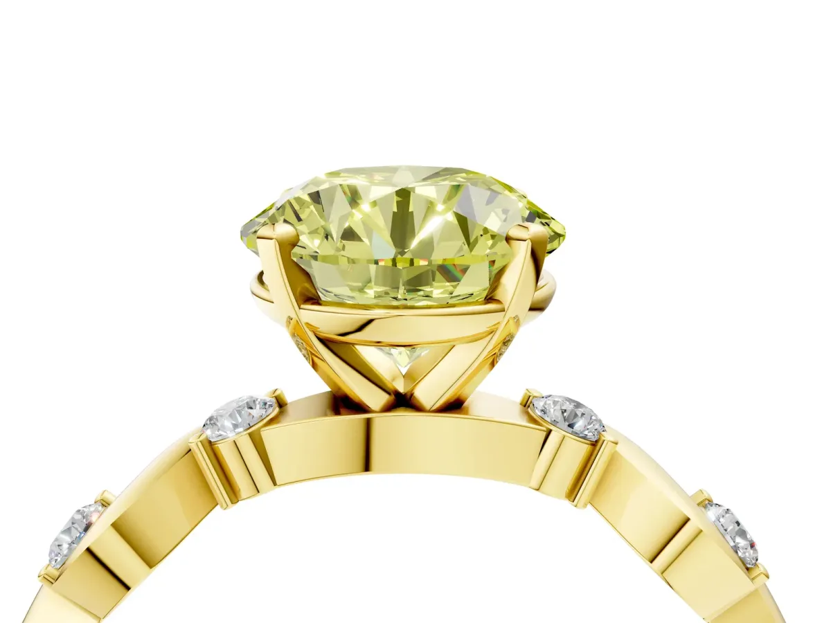 Fancy Yellow Round Cut Diamond Solitaire Twisted Band with Round Accents and Prong Setting Yellow gold
