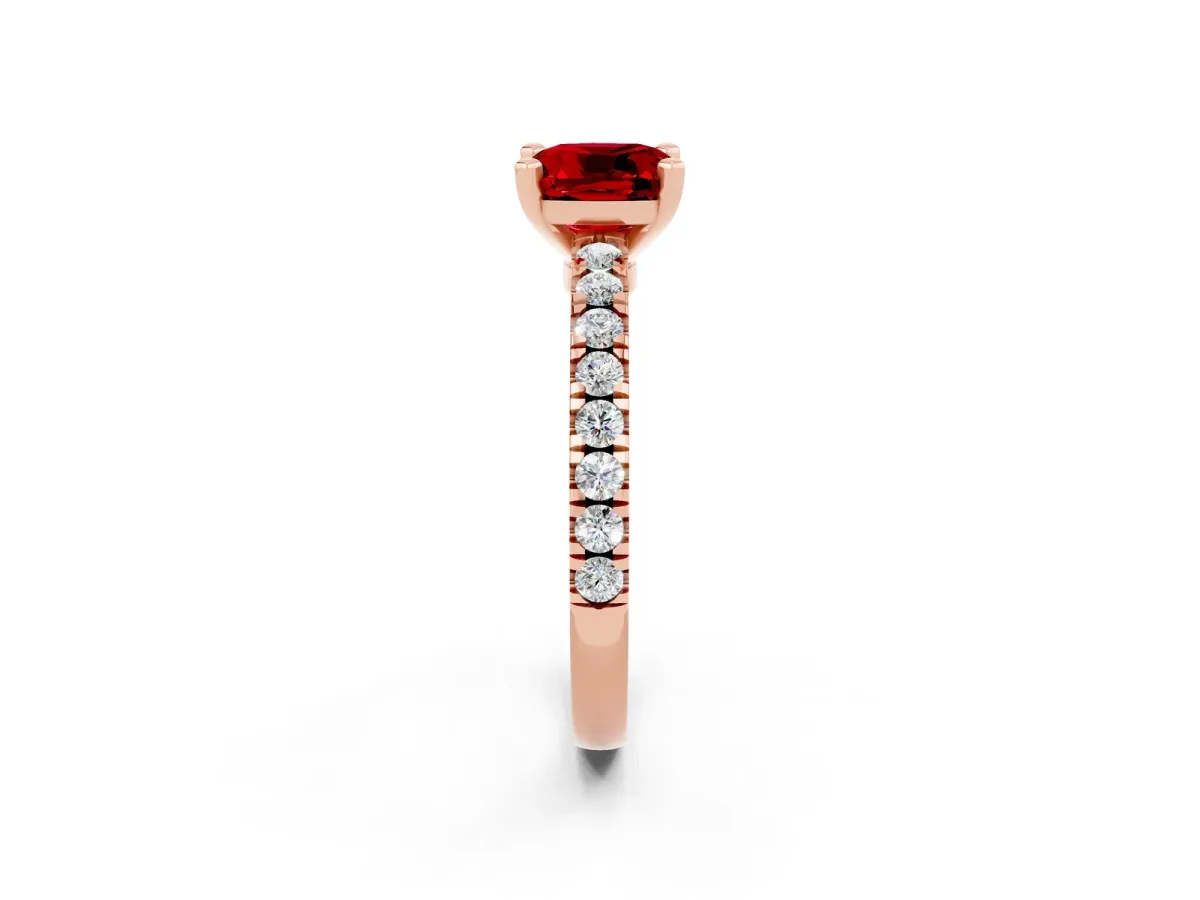 Cushion Cut Solitaire Ruby with Pavé Band and Four-Prong Setting Rose gold