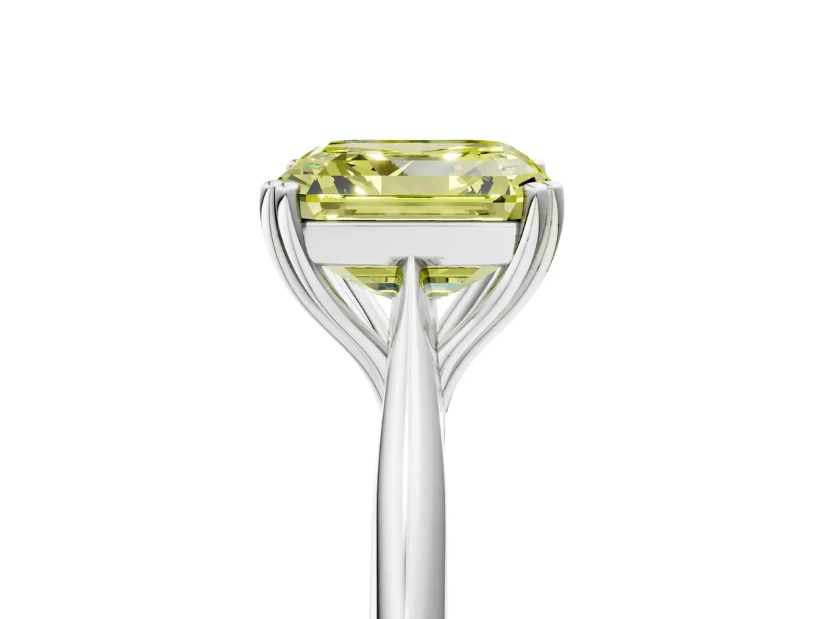Fancy Yellow Asscher Cut Solitaire Diamond Ring with Six-Prong Setting and Classic Band Platinum