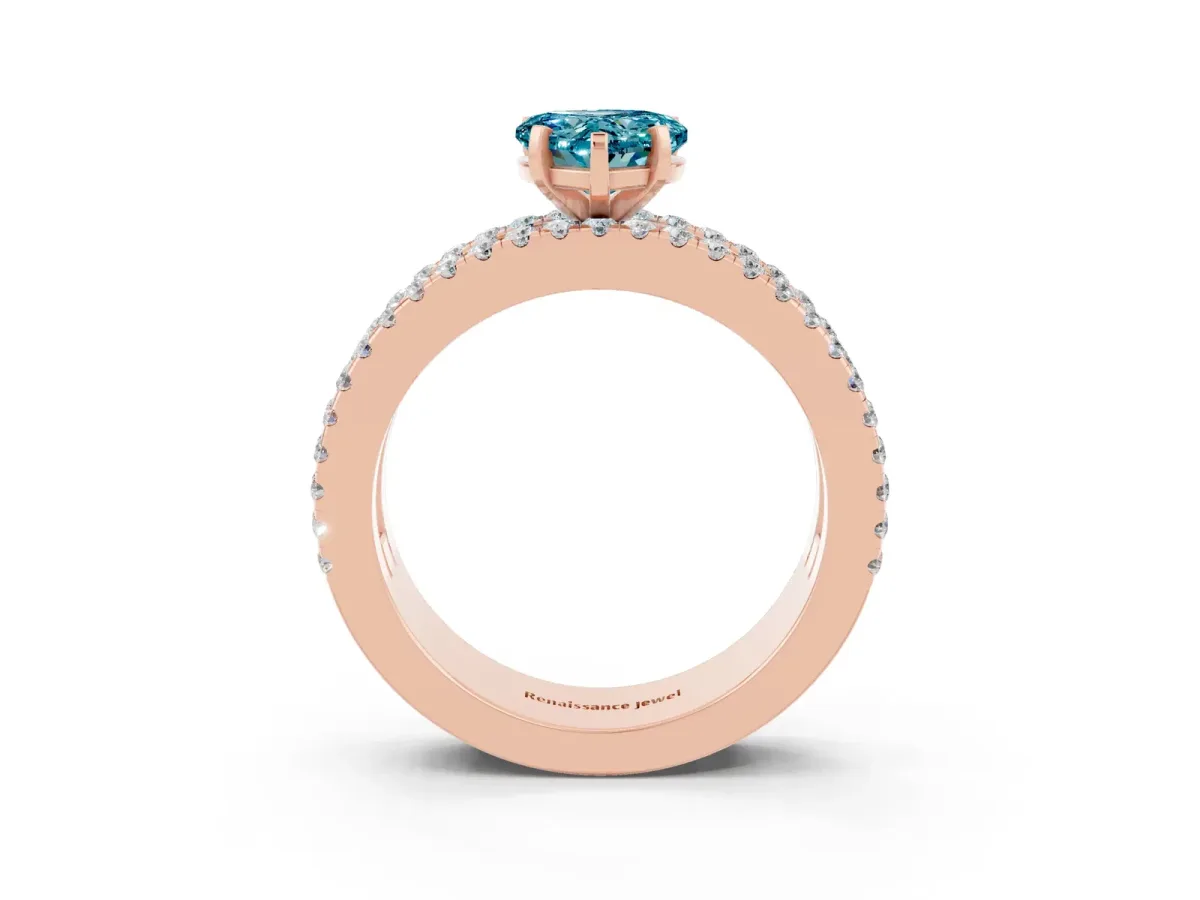 Heart Cut Blue Topaz Solitaire Ring with Pavé and Channel Set Band Rose gold