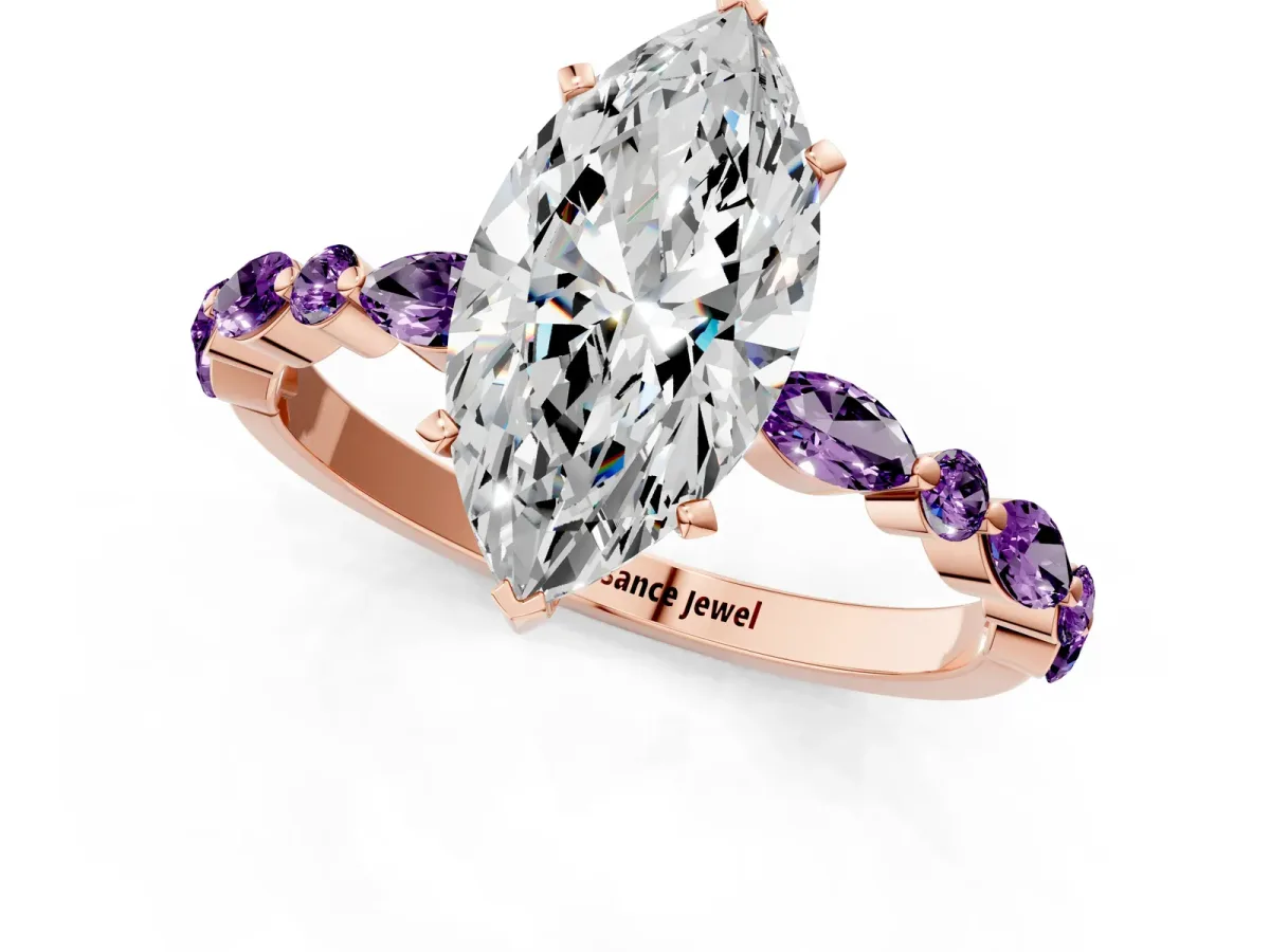 Marquise Cut Diamond Ring with Marquise and Round Amethyst Side Stones and Four-Prong Setting Rose gold