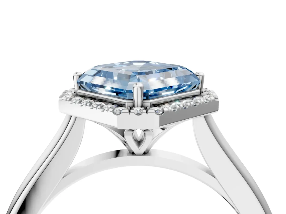 Fancy Blue Asscher Cut Halo Round Diamond Solitaire Engagement Ring with Pave Band and Four-Prong Setting Platinum