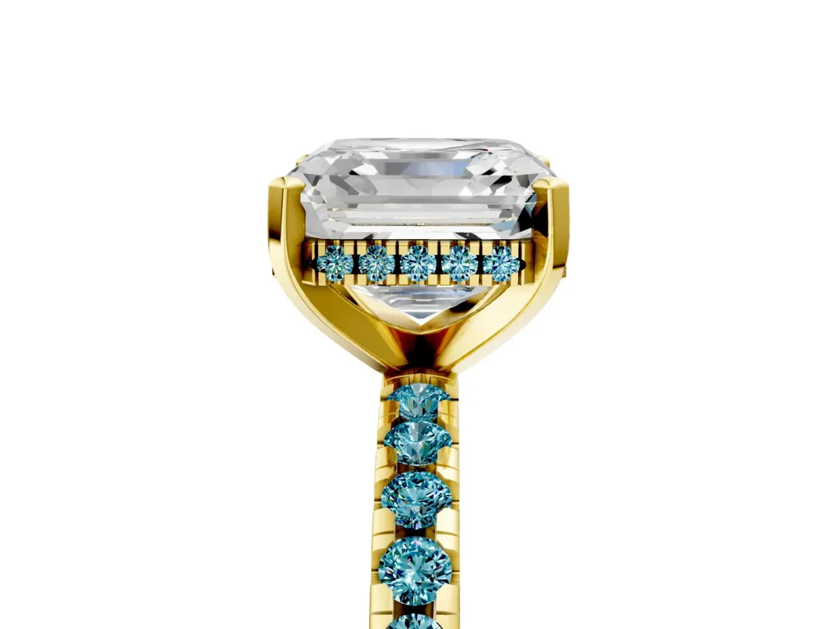 Asscher Cut Diamond Solitaire Ring with Round Blue Topaz Pavé Band and Four-Prong Setting Yellow gold