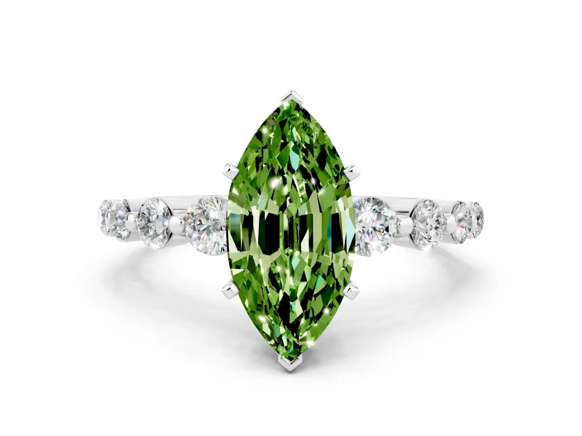 Marquise Cut Solitaire Peridot Ring with Pave Band and Four-Prong Setting Silver