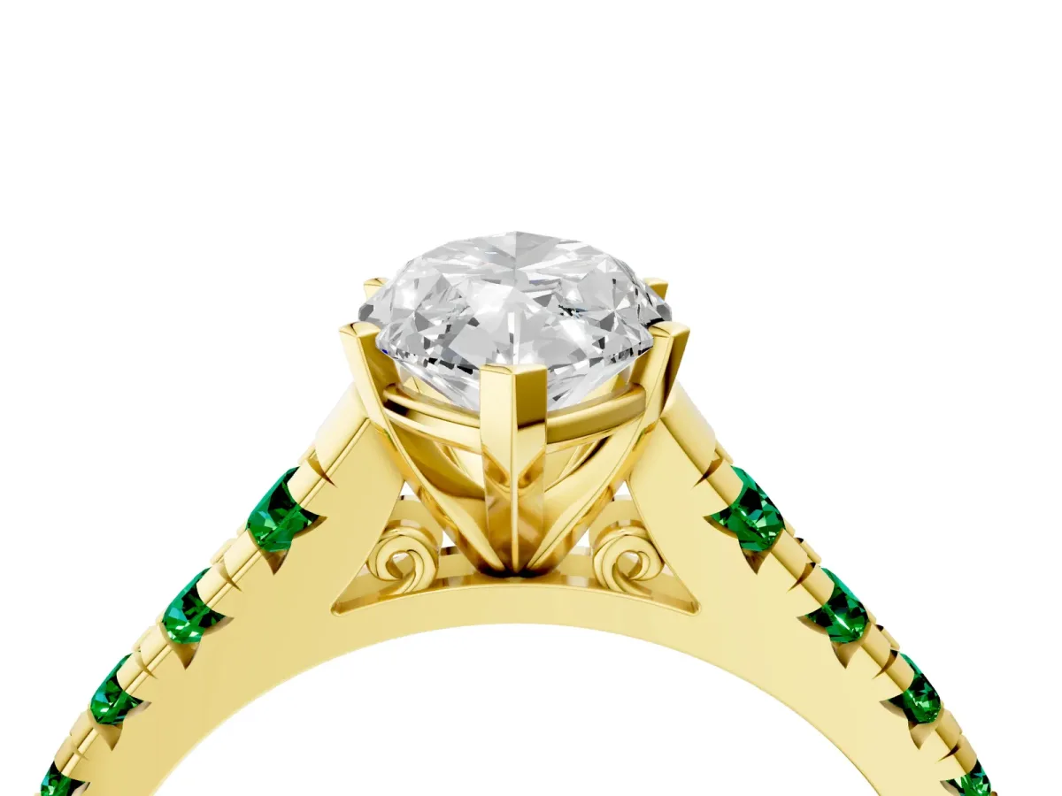 Marquise Cut Diamond Cathedral Solitaire Ring with Round Emerald Pavé Band Yellow gold