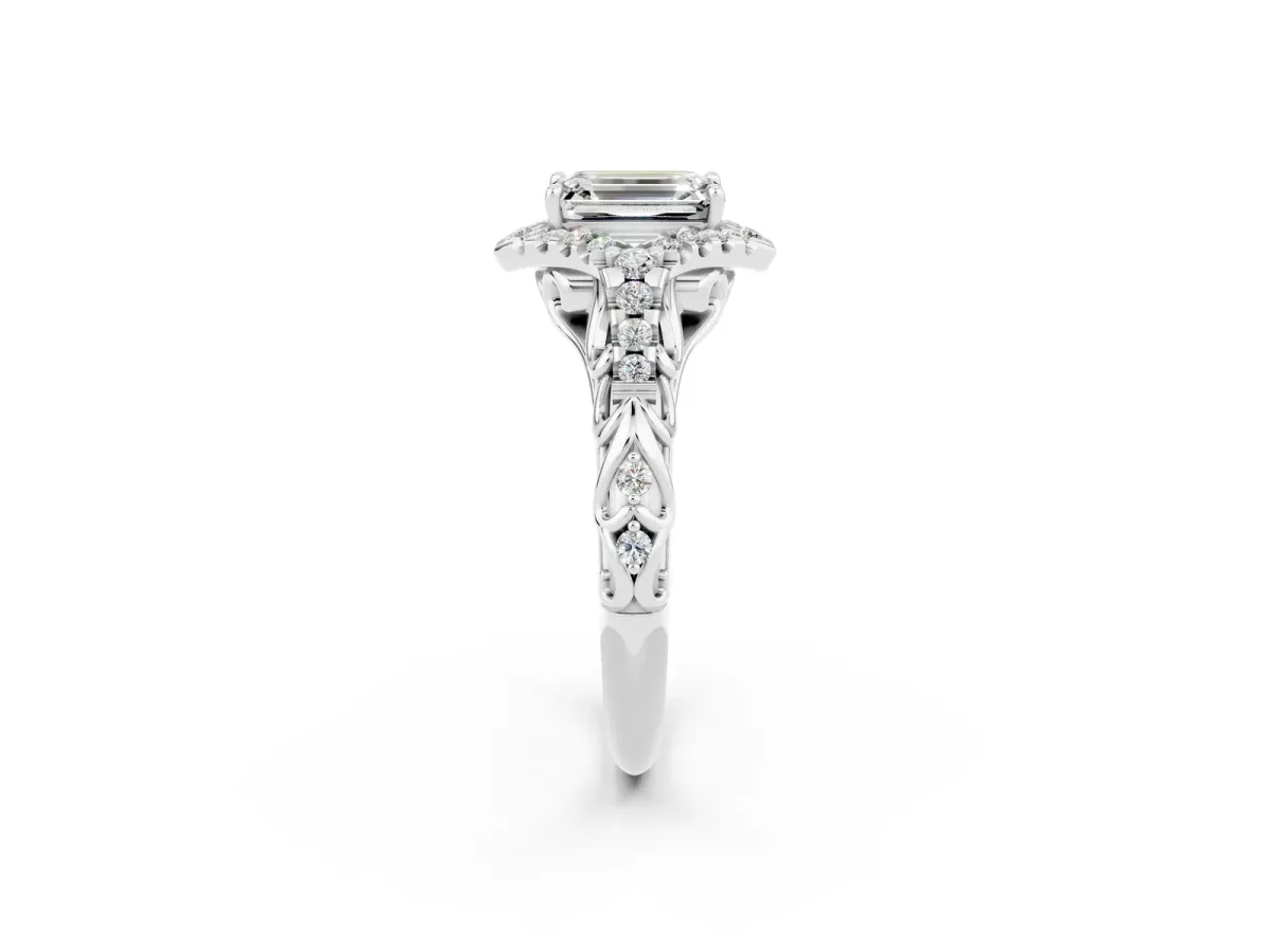 Emerald Cut Moissanite Solitaire Ring with Hidden Halo and Pavé Band White gold