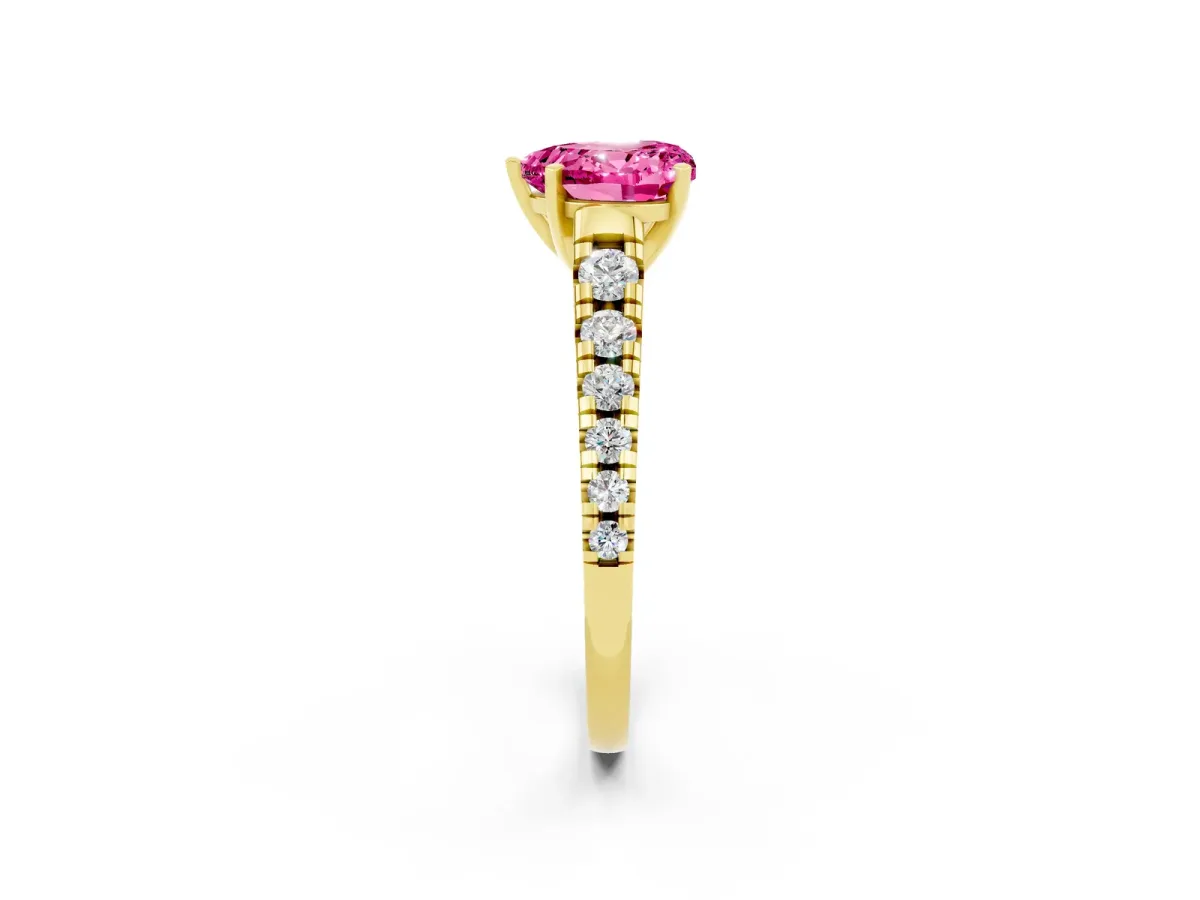 Heart Cut Pink Sapphire Cathedral Solitaire Ring with Round Pavé Band Yellow gold