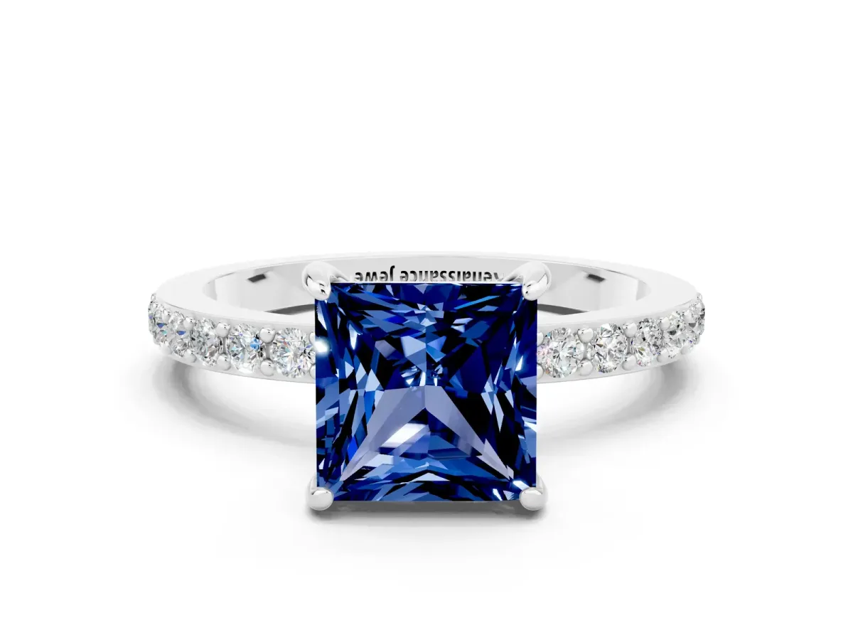 Princess Cut Blue Sapphire Solitaire Engagement Ring with Pavé Band and Four-Prong Setting White gold