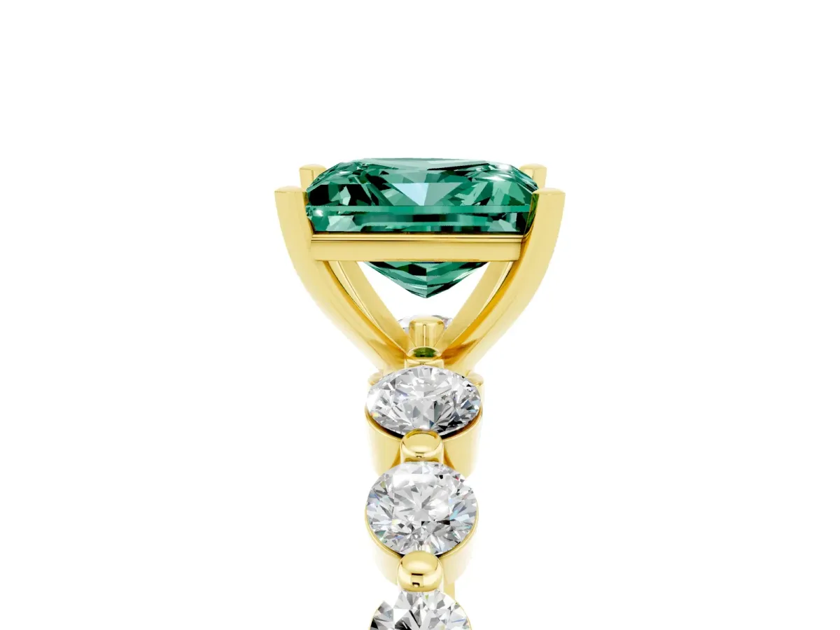 Princess Cut Solitaire Green Sapphire Ring with Pave Band and Four-Prong Setting Yellow gold