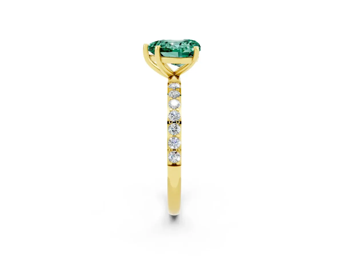 Heart Cut Green Sapphire Solitaire Ring with Round Pavé Band and Prong Setting Yellow gold