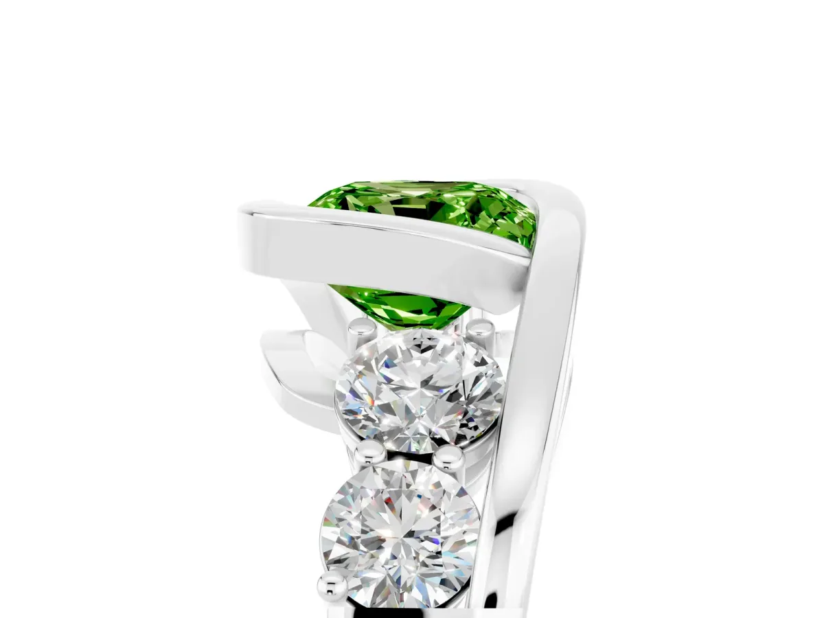 Bezel Set Cushion Cut Peridot Bypass Ring with Round Accents Platinum