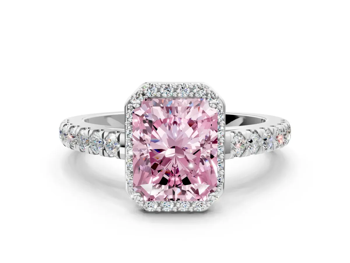 Fancy Pink Radiant Cut Cut Halo Diamond Engagement Ring with Pave Band and Four-Prong Setting Platinum