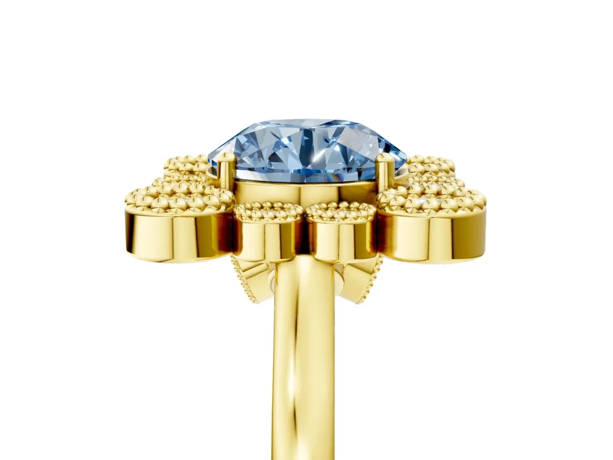 Fancy Blue Round Cut Halo Diamond Cluster Engagement Ring with Milgrain Bezel Setting and Solitaire Band Yellow gold