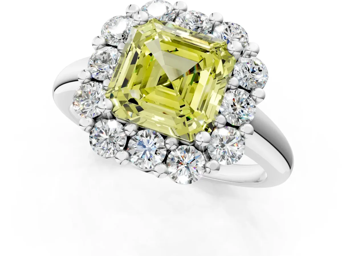 Fancy Yellow Asscher Cut Halo Cluster Diamond Engagement Ring with Prong Setting and Polished Band Platinum