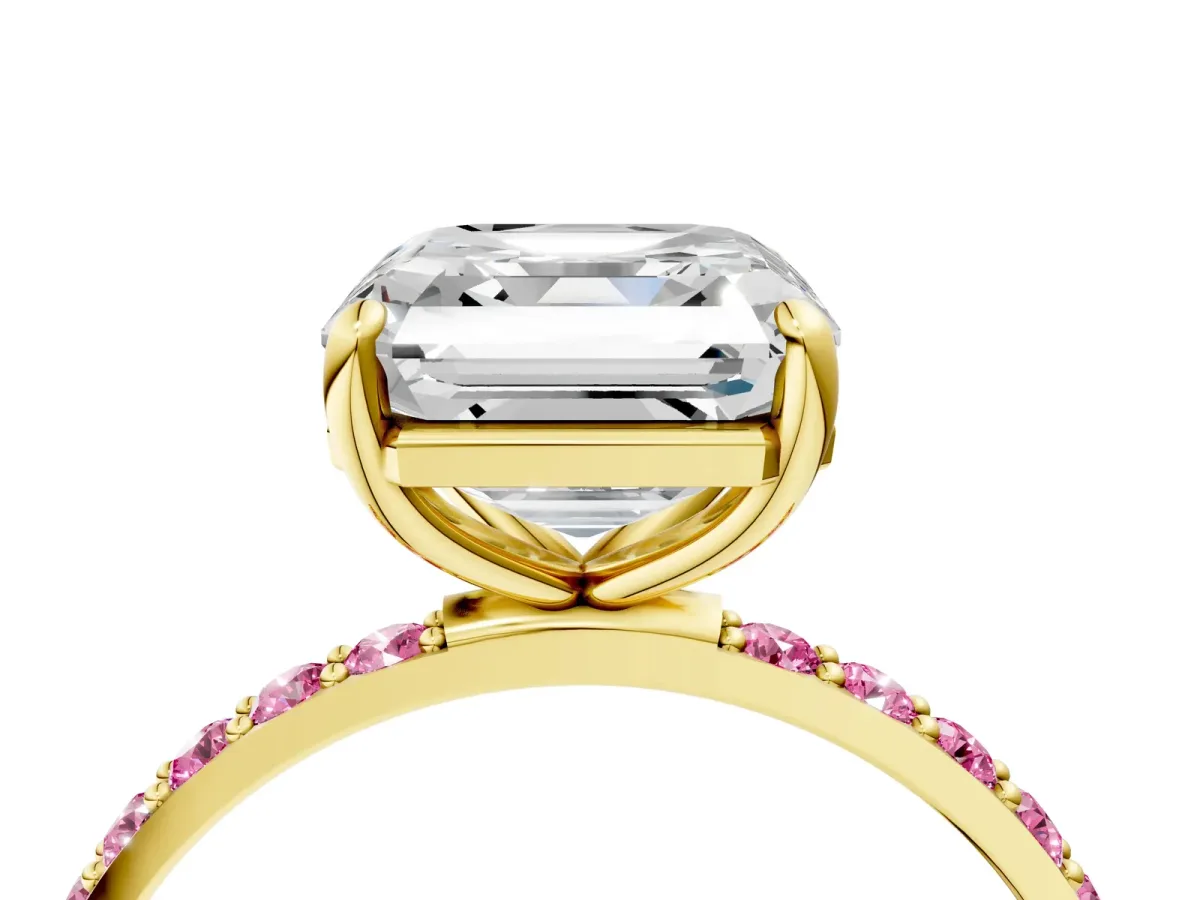 Asscher Cut Diamond Solitaire Ring with Round Pink Sapphire Pavé Band and Prong Setting Yellow gold
