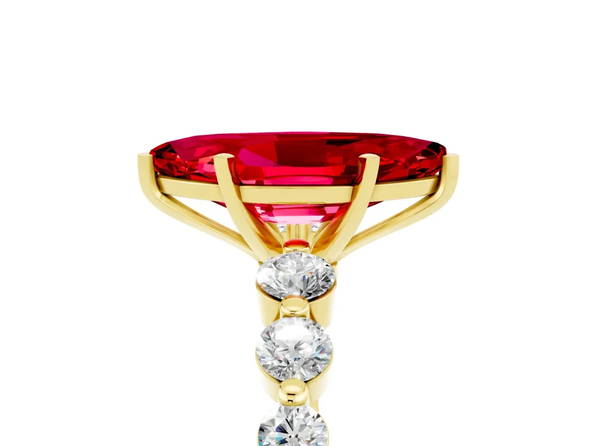 Marquise Cut Solitaire Ruby Ring with Pave Band and Four-Prong Setting Yellow gold