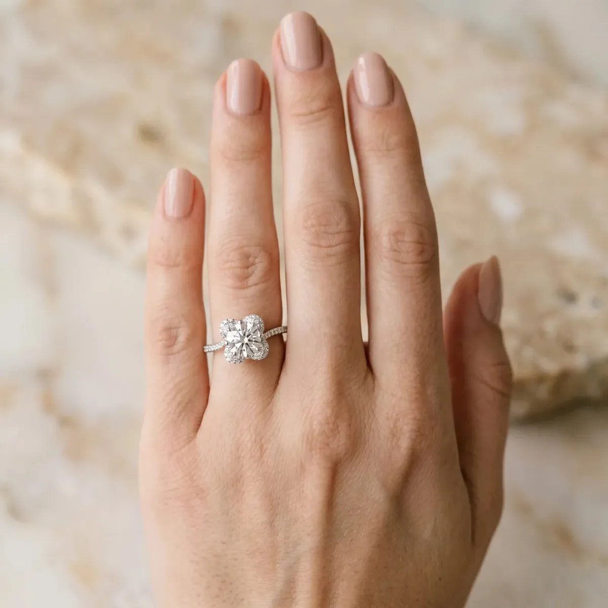 Round Cut Halo Diamond Engagement Ring with Twisted Pave Band and Four-Prong Setting White gold