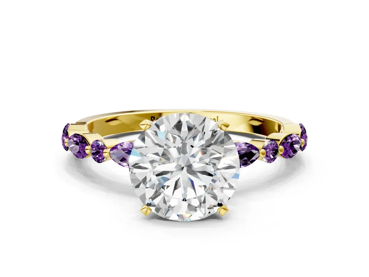 Round Cut Diamond Ring with Marquise and Round Amethyst Side Stones and Four-Prong Setting Yellow gold