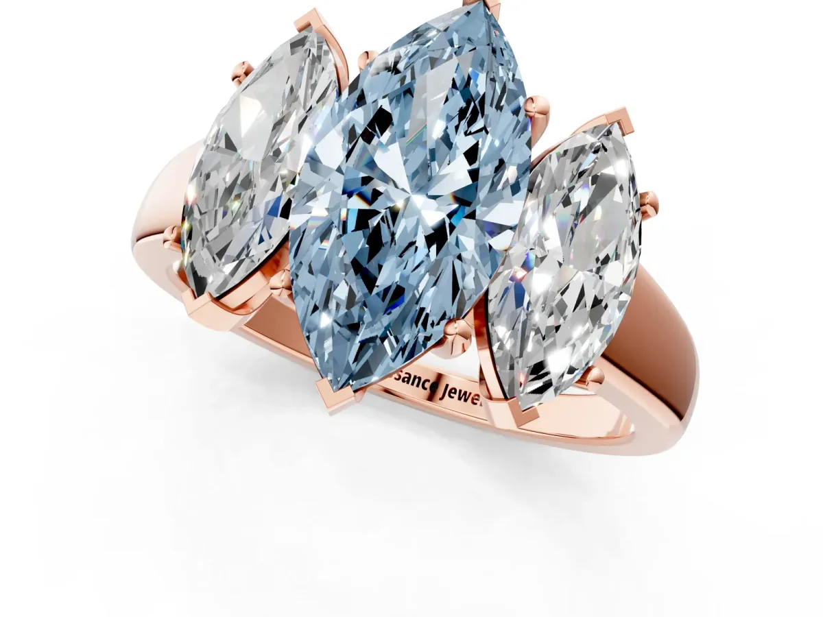 Fancy Blue Three-Stone Marquise Cut Cut Solitaire Ring with Classic Prong Setting Rose gold