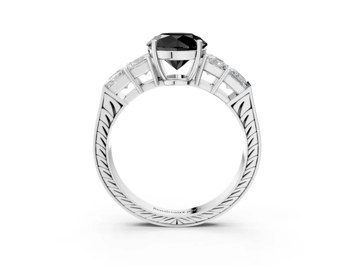 Fancy Black Round Cut Solitaire Princess Side Stone Engraved Band Prong Setting Ring Silver