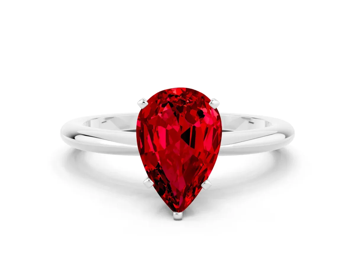 Pear Cut Ruby Solitaire Ring with Six-Prong Setting and Classic Band White gold