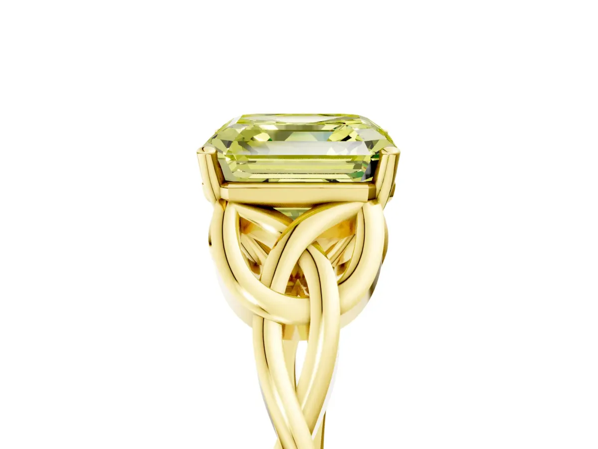 Fancy Yellow Asscher Cut Diamond Solitaire Engagement Ring with Celtic Knot Band and Four-Prong Setting Yellow gold