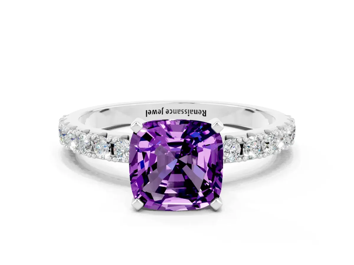 Cushion Cut Amethyst Solitaire Pavé Band with Four-Prong Setting Platinum