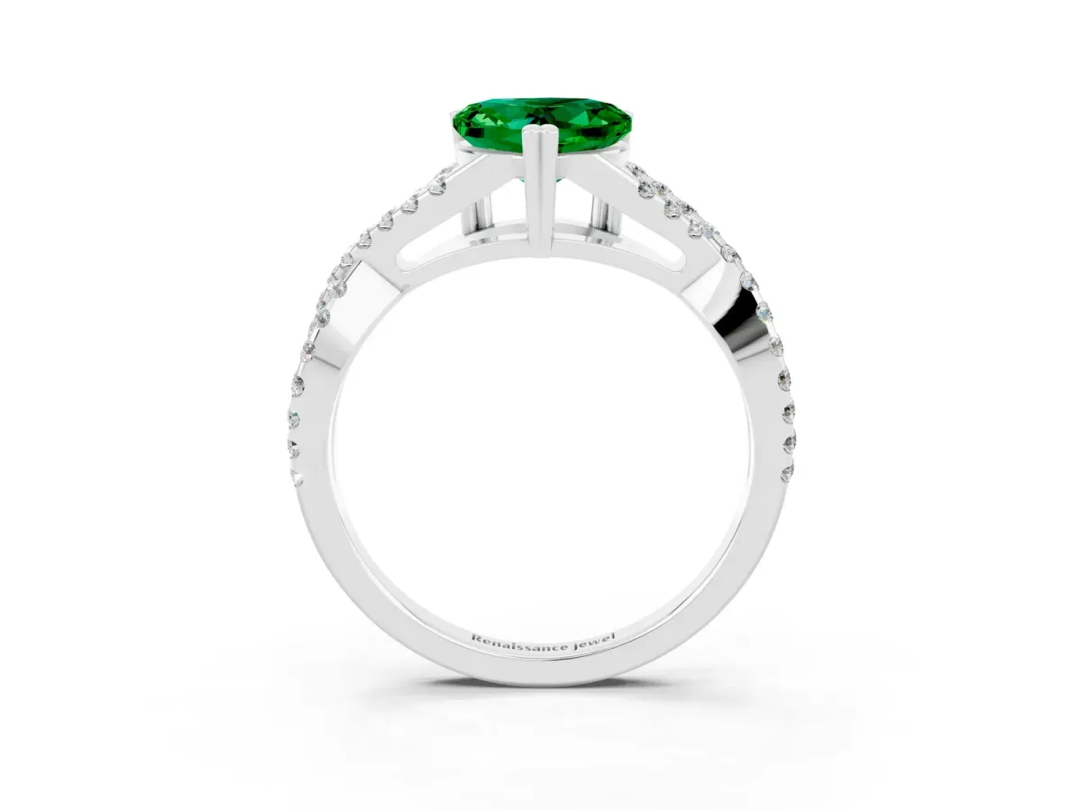 Heart Cut Emerald Solitaire Ring with Four-Prong Setting and Twisted Pavé Band Silver