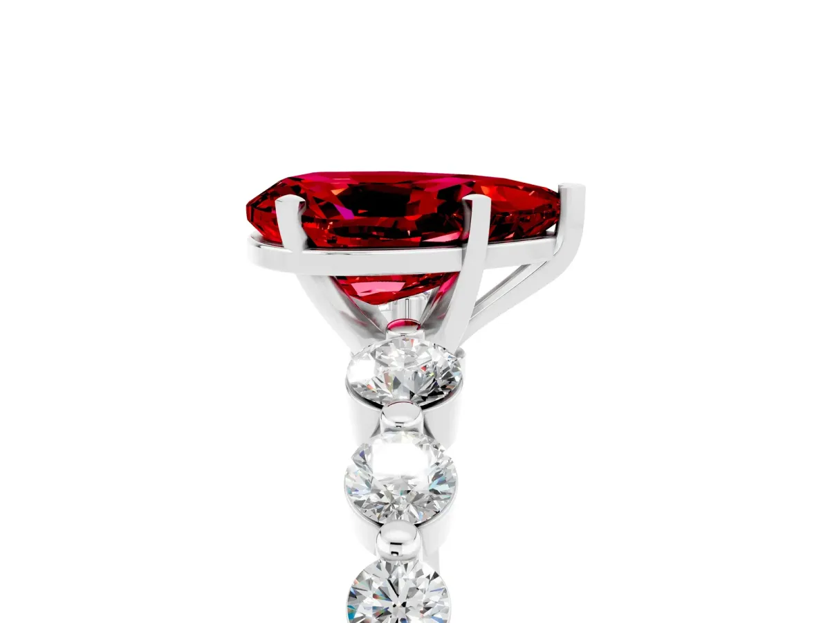 Pear Cut Solitaire Ruby Ring with Pave Band and Four-Prong Setting White gold