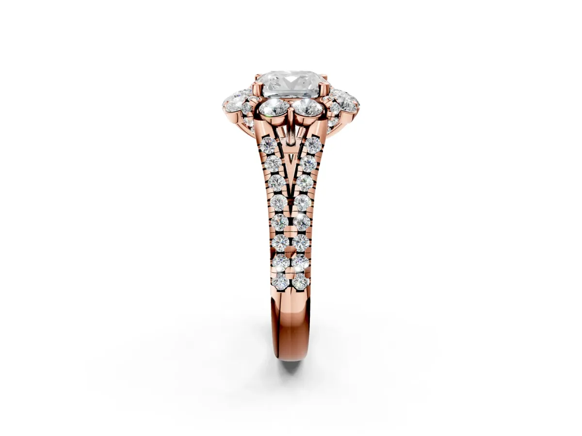 Cushion Cut Halo Split Shank Diamond Engagement Ring with Pave Band and Four-Prong Setting Rose gold