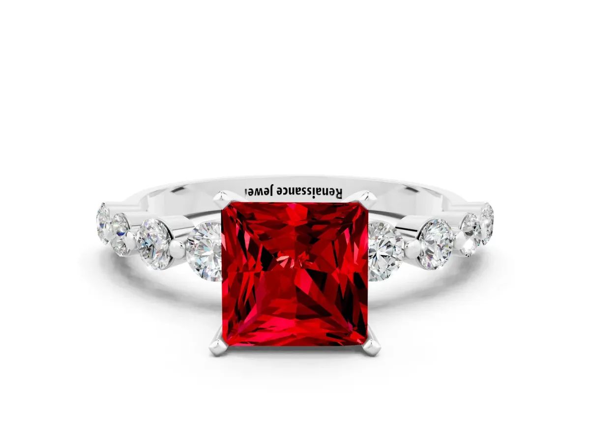 Princess Cut Solitaire Ruby Ring with Pave Band and Four-Prong Setting Silver