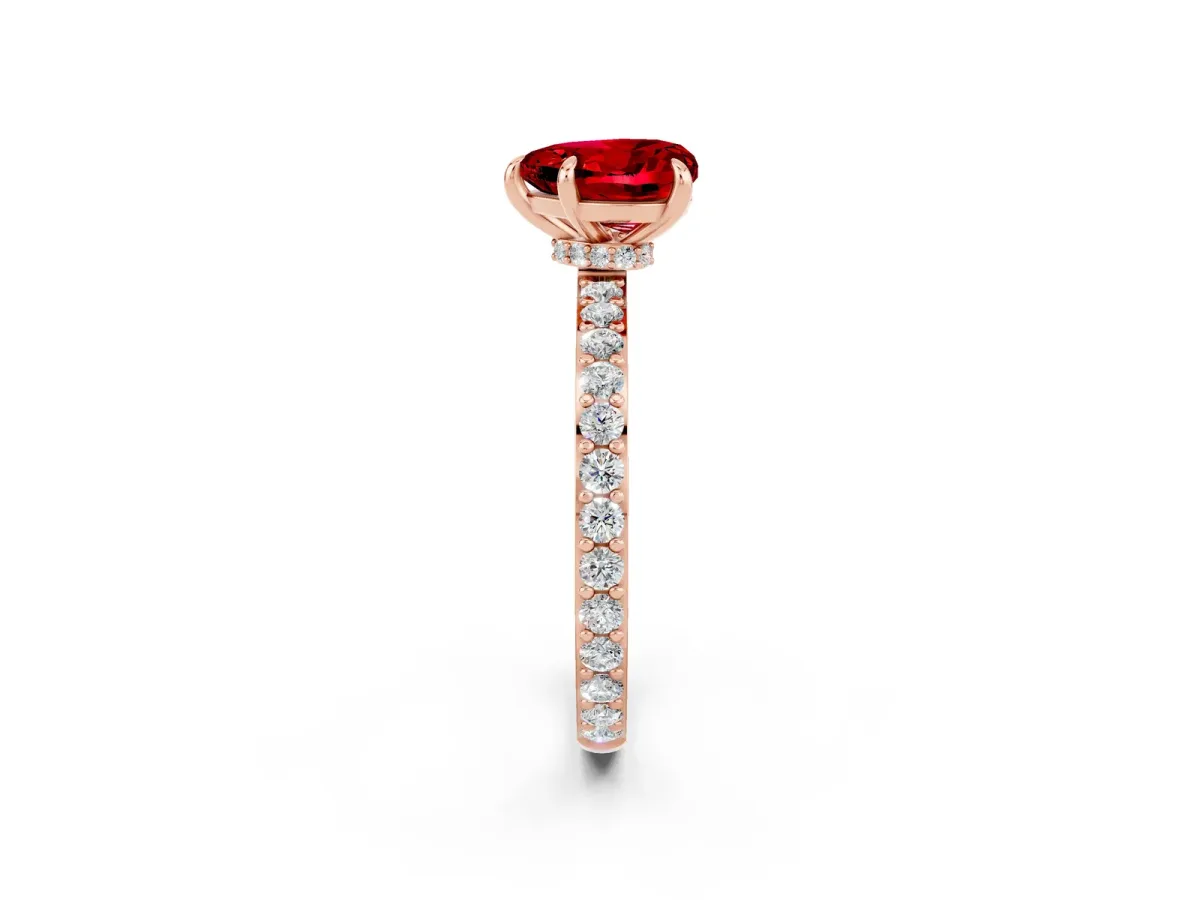 Heart Cut Ruby Solitaire Engagement Ring with Pavé Band and Four-Prong Setting Rose gold