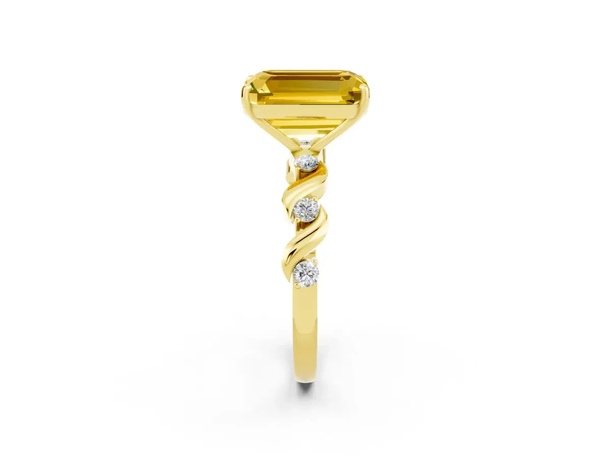 Emerald Cut Yellow Sapphire Solitaire Twisted Band with Round Accents and Prong Setting Yellow gold