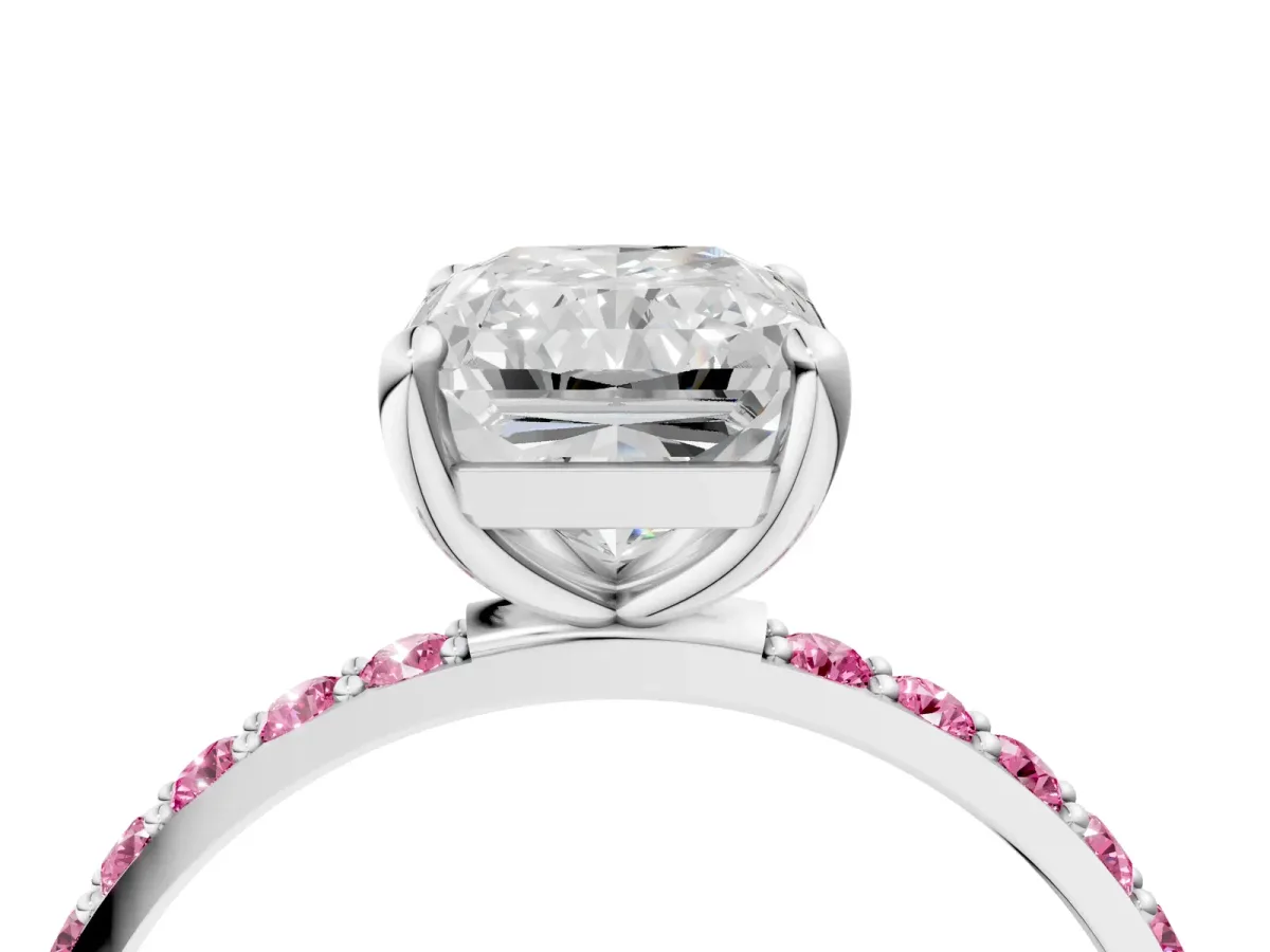 Radiant Cut Diamond Solitaire Ring with Round Pink Sapphire Pavé Band and Prong Setting White gold