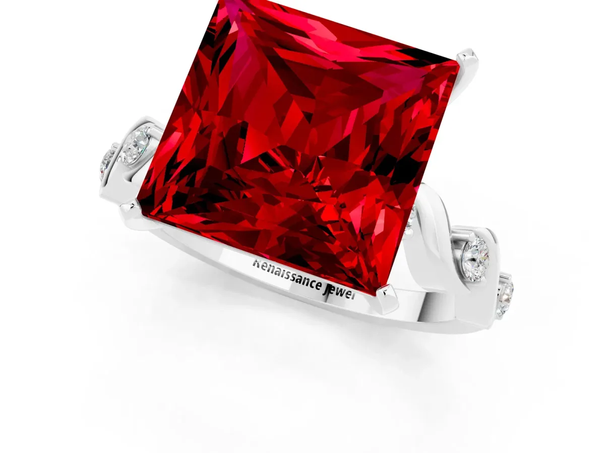 Princess Cut Ruby Solitaire Twisted Band with Round Accents and Prong Setting White gold