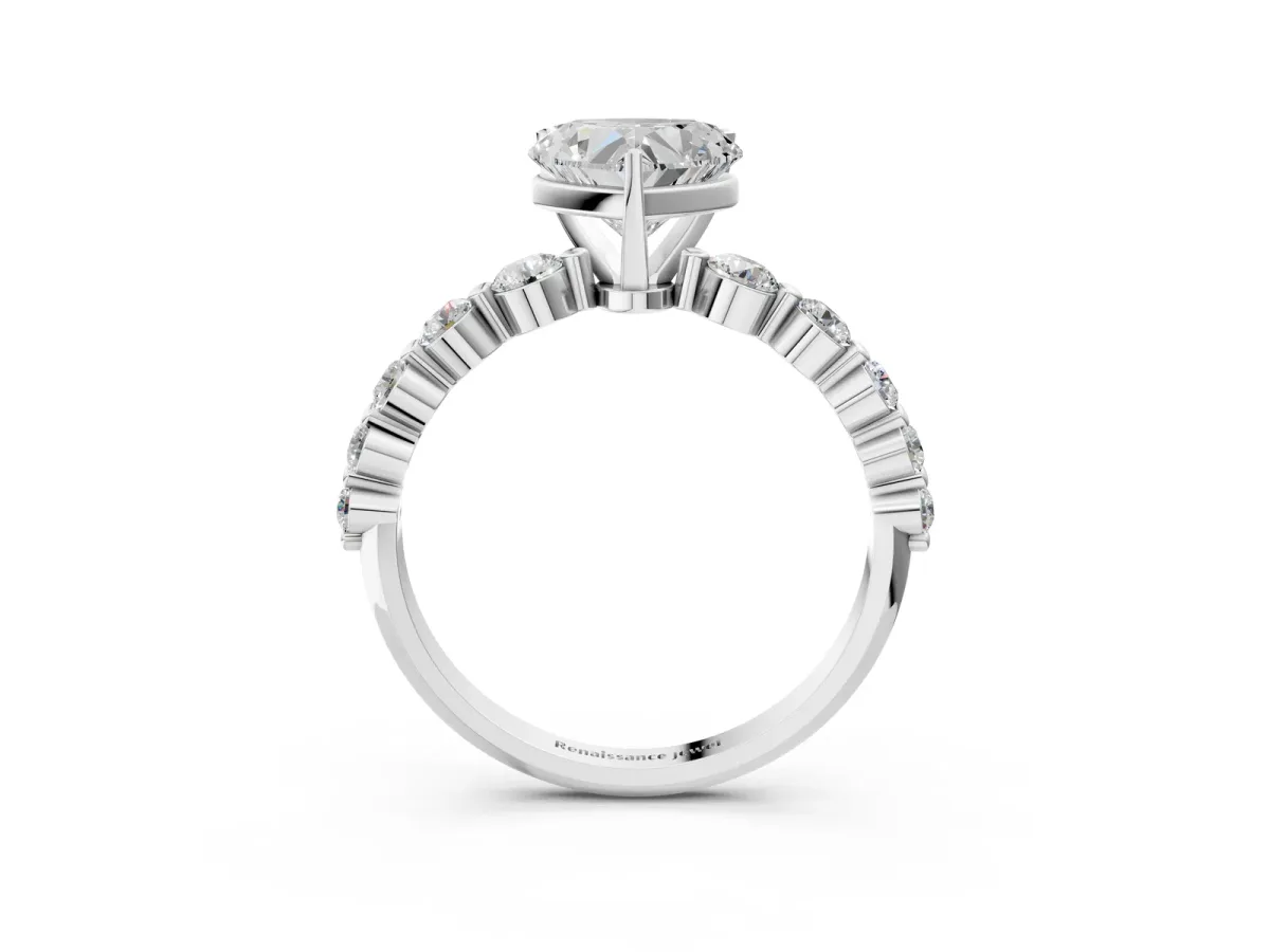 Heart Cut Solitaire Diamond Ring with Pave Band and Four-Prong Setting Silver