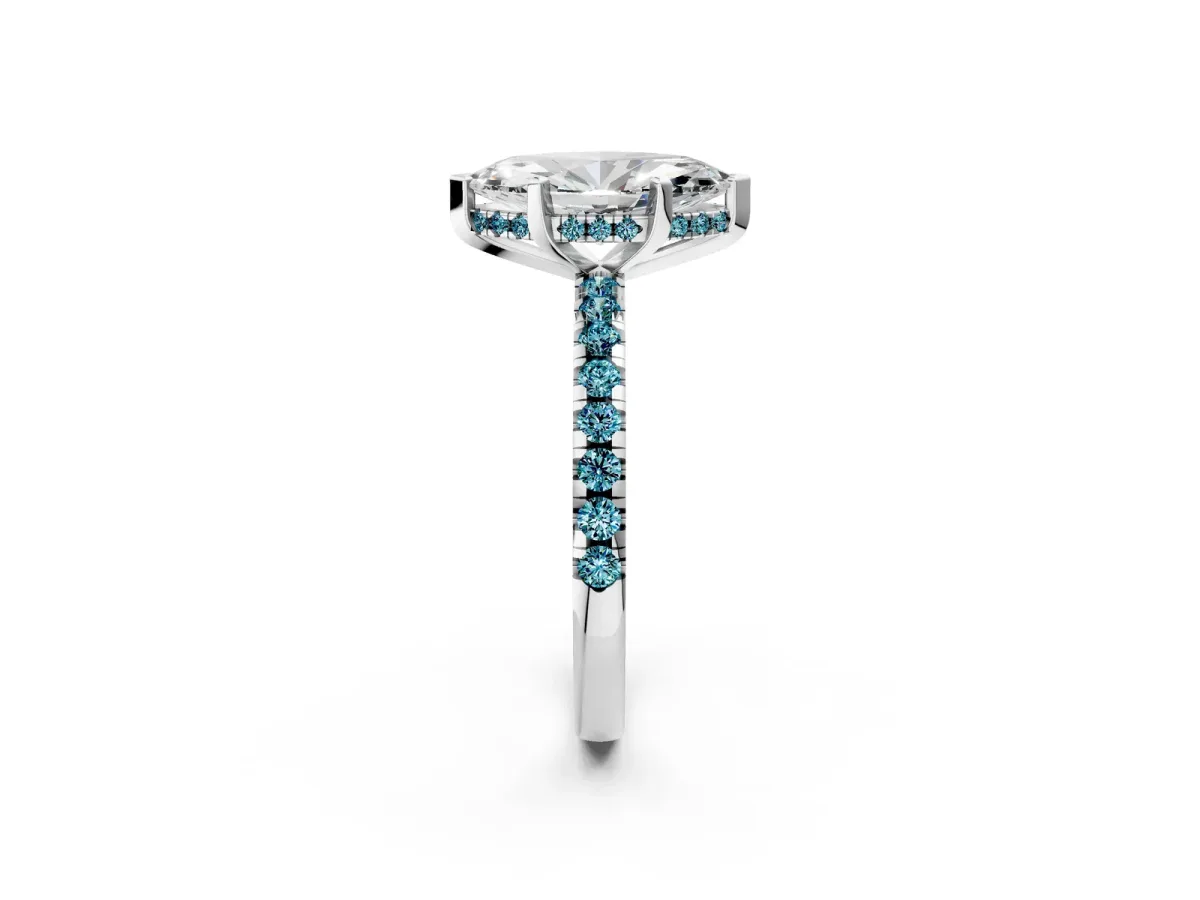 Marquise Cut Diamond Solitaire Ring with Round Blue Topaz Pavé Band and Four-Prong Setting White gold