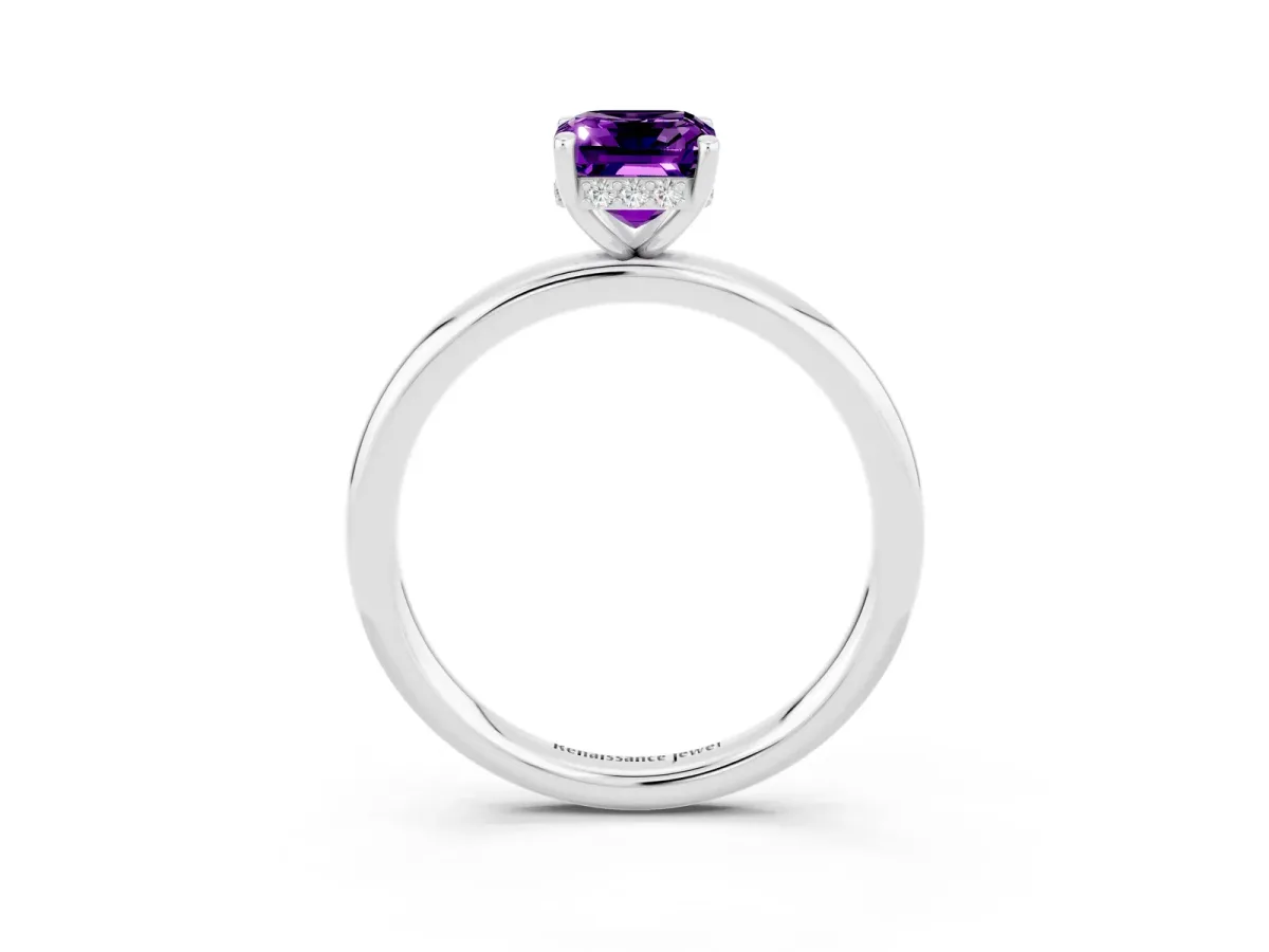 Emerald Cut Amethyst Solitaire Ring with Thin Band and Four-Prong Setting White gold