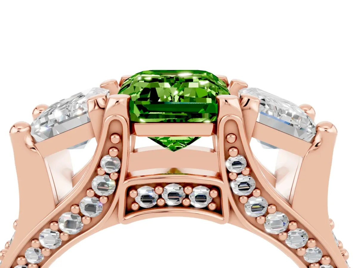 Emerald Cut Peridot Three-Stone Ring with Channel Set Band and Four-Prong Setting Rose gold