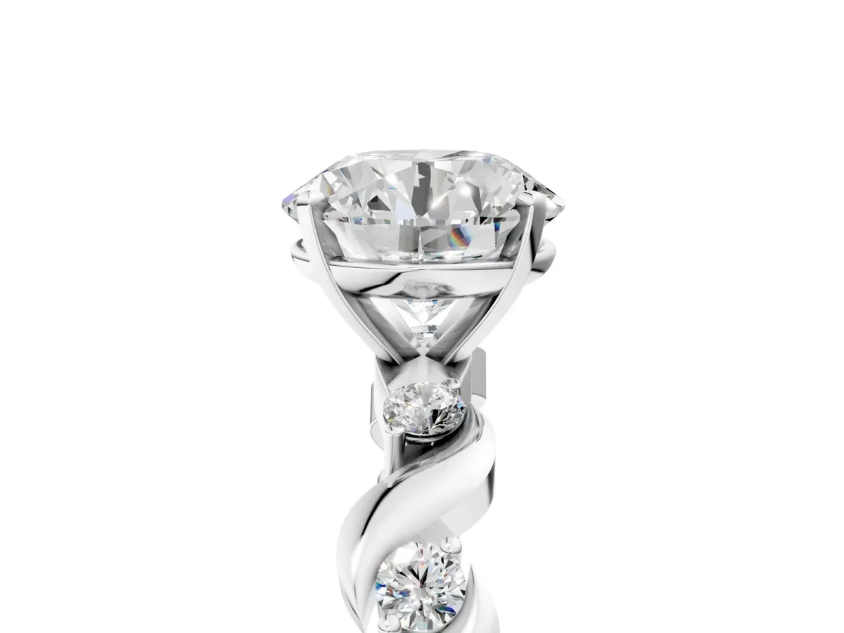 Round Cut Diamond Solitaire Twisted Band with Round Accents and Prong Setting Silver