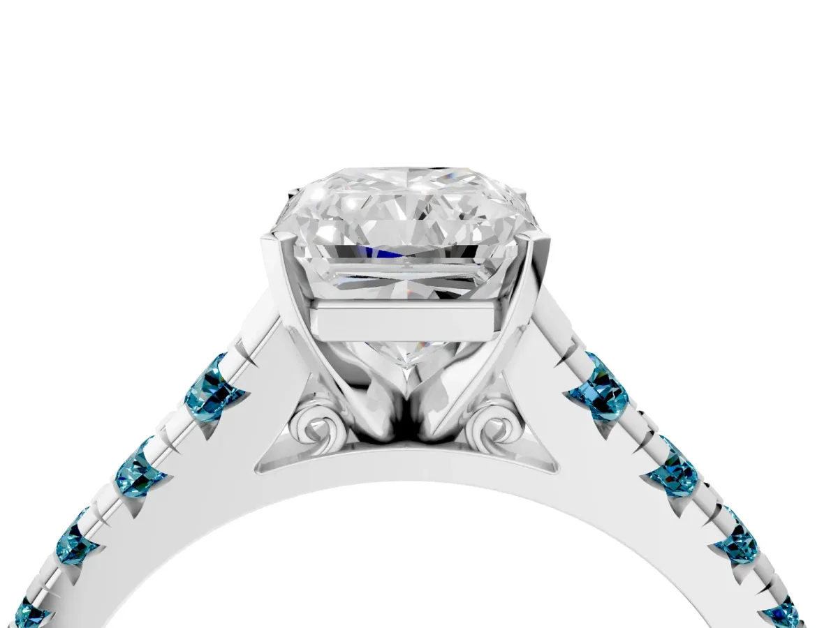 Radiant Cut Diamond Cathedral Solitaire Ring with Round Blue Topaz Pavé Band White gold