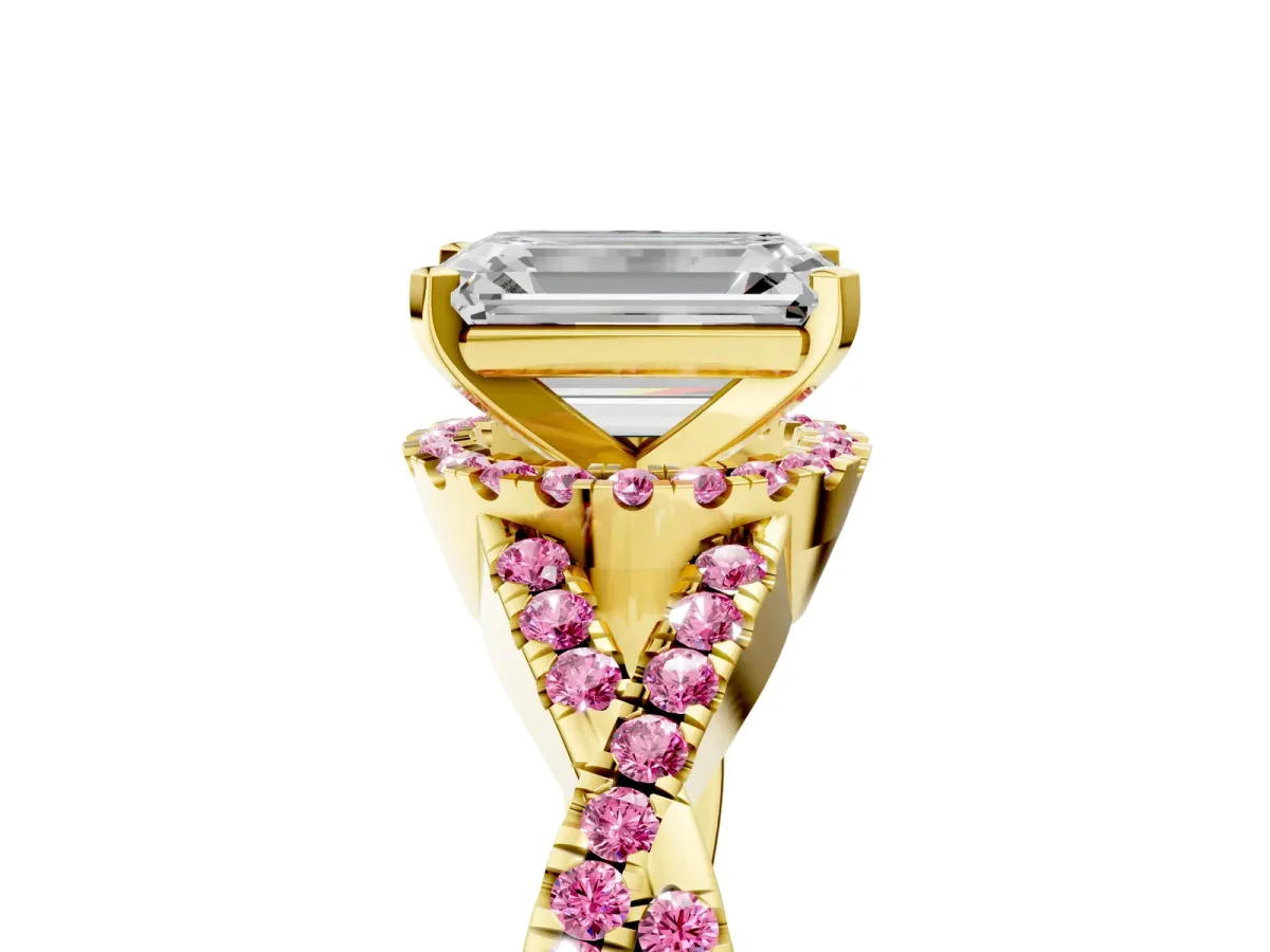 Emerald Cut Diamond Pink Sapphire Halo Twist Band Solitaire Prong Setting Ring Yellow gold