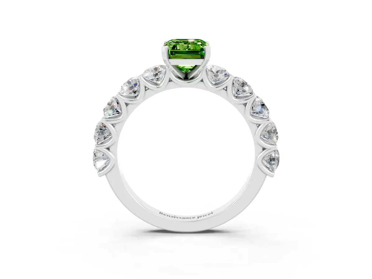 Emerald Cut Peridot Prong Setting with Side Stones on a Pave Band Silver