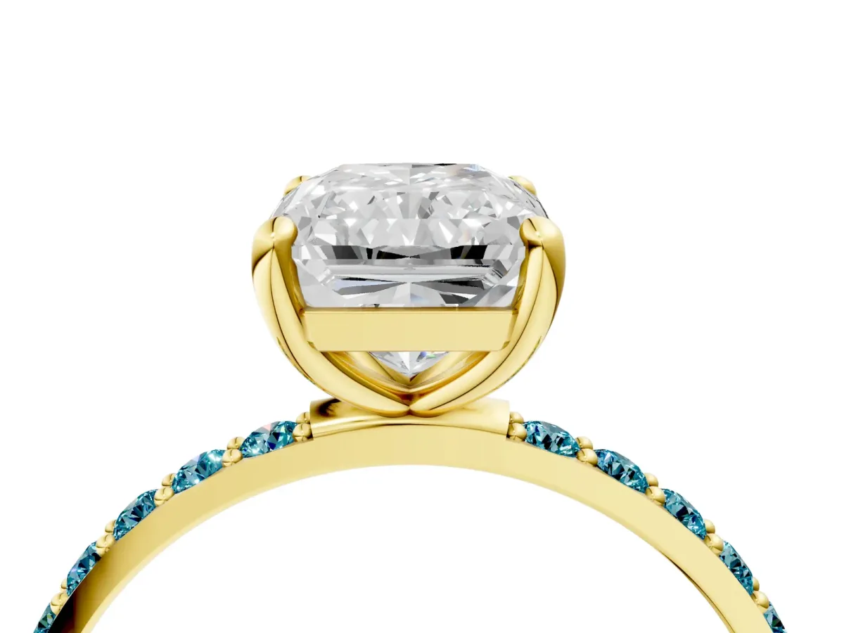 Radiant Cut Diamond Solitaire Ring with Round Blue Topaz Pavé Band and Prong Setting Yellow gold
